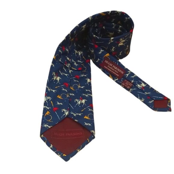 HUGH PARSONS Blue Hunting Silk Tie HANDMADE ENGLAND 59"/ 3.8" EC - Picture 8 of 9